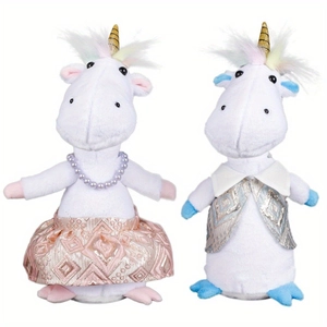 Unicorn plush toy couple set with pearl dress and blue vest for home decoration