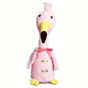 Detailed view of pink plush flamingo toy with LED lights and decorative bow tie