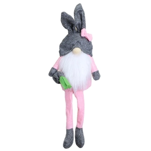 Pink and grey Easter gnome plush with long rabbit ears and carrot accessory decor