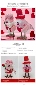 Detail of pink and red polyester Valentine bird figurines with heart and rose decorations