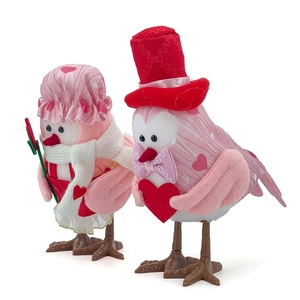 Pair of festive bird figurines with pink hats and red hearts for Valentines or Christmas