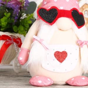 Pink Valentine's Day gnome plush toy with heart glasses and polka dot hat decoration