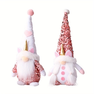Gnome plush toy set with unicorn horns, pink sequins and white hearts for gift decoration