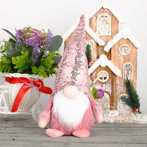 Pink sequined Christmas gnome doll with white beard for holiday home decor