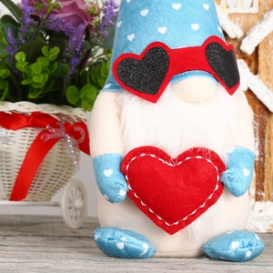 Valentine gnome plush with heart sunglasses and blue hat for holiday decoration