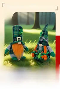 Detail of green plaid gnome figurines with orange beards and shamrock decorations