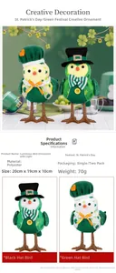 Close-up of lighted St. Patrick's Day plush birds with shamrock prints and green hats