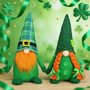 Detail of St. Patrick's Day gnome plush duo with plaid hat and sequin textures