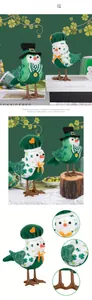 Close-up of Saint Patrick's Day gnome birds with clover patterns and green hats