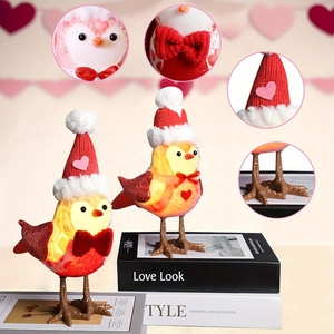 Valentine plush bird figurines with heart patterns and knit hats for home decor