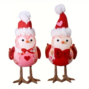 Charming red and pink Valentine love birds with sequin wings and knitted hats for home decor