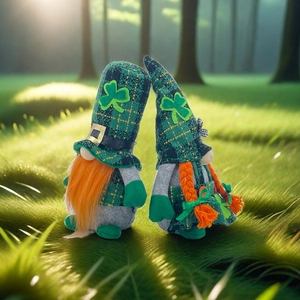 St. Patrick's Day gnome couple with green clover hats and orange beards on grass