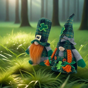 St. Patrick's Day gnome plush set with green shamrock hats and orange beards on grass