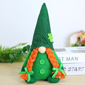 Green St. Patrick's Day gnome doll with orange braids and clover sequined hat decor