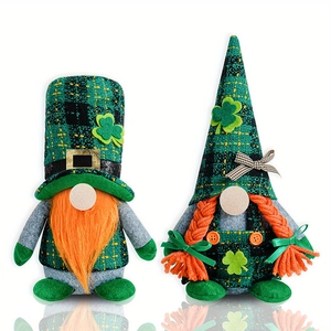 Pair of St. Patrick's Day plush gnomes with green shamrocks and orange beards for decor