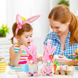 Easter gnome plush decor with rabbit ears and carrot in a cozy family setting