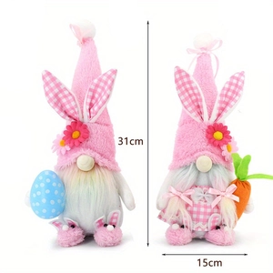 Easter gnome plush set with rabbit ears holding carrot and egg decorations, 31cm tall