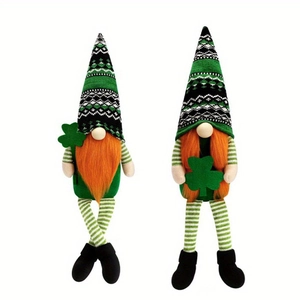 St. Patrick's Day gnomes with green shamrocks, orange beards and striped long legs