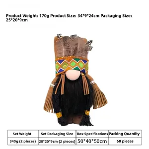 Macro shot of Indian-style plush gnome with feathers and bohemian geometric braid details