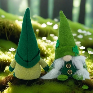 Green St. Patrick's Day gnomes with shamrock hats in a sunny mossy forest setting