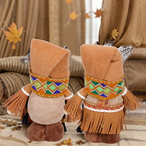 Thanksgiving Indian gnome plush dolls with tribal feathers and maple leaf decorations