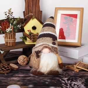 Coffee themed Christmas gnome with striped knitted hat and burlap bag decoration