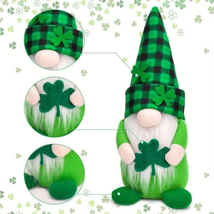 St. Patrick's Day gnome plush with green plaid hat and shamrock leaf decorations