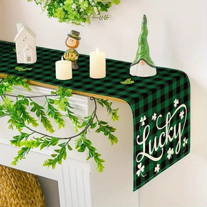 St Patrick's Day Lucky Table Runner Green Black Buffalo Plaid Shamrock Clover Pattern Fabric Festive Dining Table Decoration