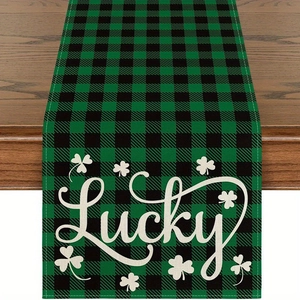 Lucky St. Patrick's Day table runner with green buffalo plaid and shamrock patterns