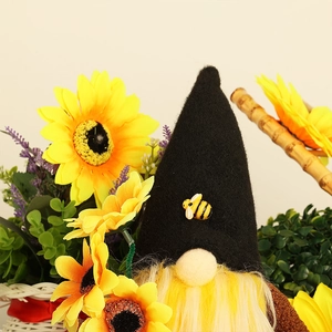 Sunflower gnome plush doll with black bee hat and yellow beard for autumn harvest decor