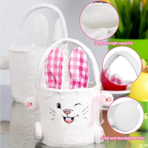 Panier de Pâques en peluche blanche avec oreilles à carreaux et grande capacité