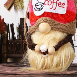 Gestrickter Zwerg-Plüsch mit Kaffeethema-Streifen und kleiner Tasse für Hausdeko