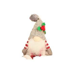 Nordic Christmas gnome plush with gray knitted hat, holly leaves and white beard decoration