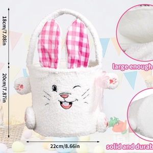Panier de Pâques en peluche blanche avec oreilles à carreaux et nœud pour enfants