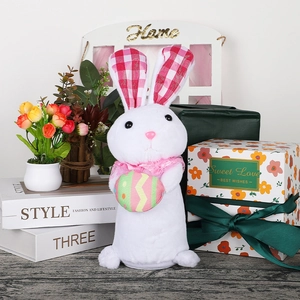 Plush Easter bunny toy with LED light and patterned egg for holiday home decoration