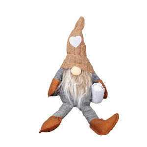 Knitted faceless gnome decoration with heart patch and coffee cup for home decor