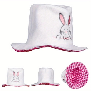 Velvet Easter bunny ear hat for kids with pink gingham brim and cute rabbit embroidery