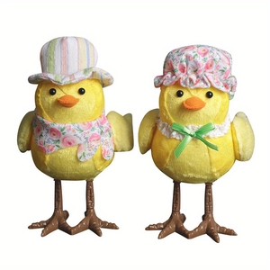Easter glowing yellow bird couple plush figurines with floral hats and scarves decoration