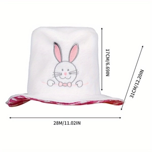Detailed dimensions of white plush bunny hat with pink checkered brim and embroidery
