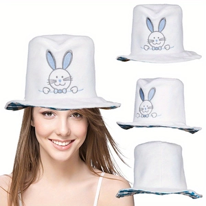 Velvet Easter bunny top hat with white knit fabric and blue cartoon rabbit embroidery