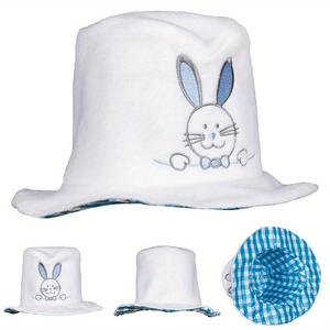 White plush bunny ear bucket hat with blue embroidery and gingham lining for kids