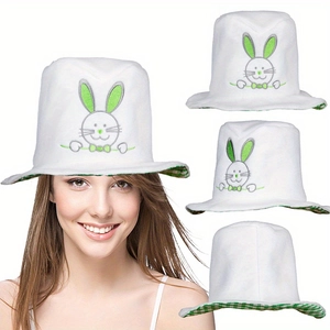 White velvet Easter bunny hat with green ears and checkered brim for festive carnival