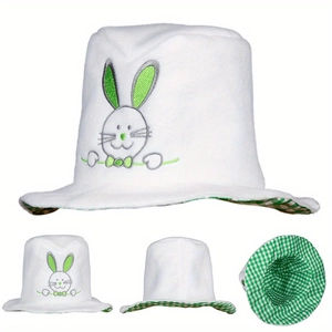 Detail of white velvet baby bunny hat showing embroidery and green checkered lining