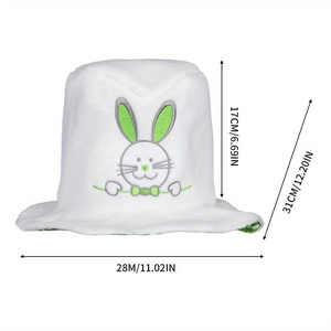 Macro shot of white plush Easter bunny hat showing detailed size 17x31x28cm measurements