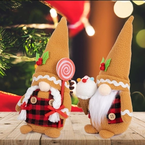 Gingerbread Christmas gnome plush figurines with festive holly and candy accessories