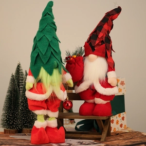 Ornement Peluche Gnome de Noël LED Lumineux Fait Main Chapeau Arbre Plaid Rouge Vert Poupée Sans Visage Déco Intérieure Fête