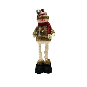 Standing Christmas snowman doll with red plaid hat and long telescopic legs decor