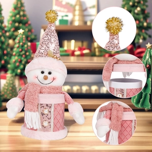 Pink sequin snowman gift box with plush hat for Christmas decoration and candy storage