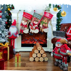 Three 3D cartoon Christmas stockings with Santa, snowman, and reindeer hanging on a mantel