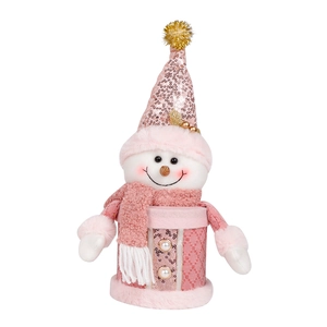 Detail of pink sequined Santa hat and plush snowman candy jar with pearl buttons